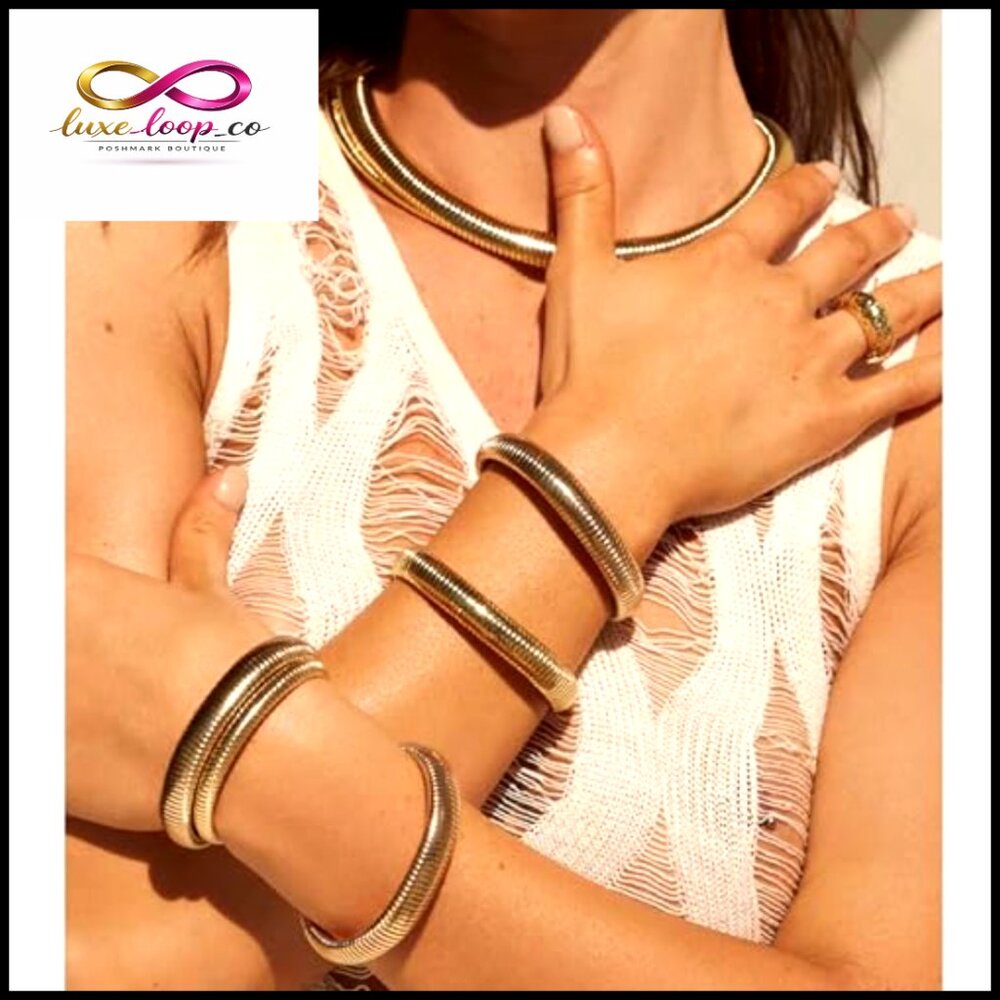 Chunky Gold Bangle Bracelet Set Stackable Stretch… - image 3
